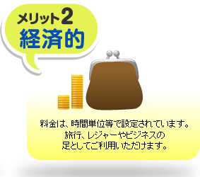 料金は、時間単位等で設定されています。旅行、レジャーやビジネスの足としてご利用いただけます。